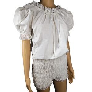 70s White One Piece Puffy Sleeve Top Ruffled Victorian Style Shorts Size Small
